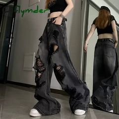 Cyflymder Women’s Distressed Design Wide Leg Hole Jeans Summer New Street Unisex Style Trousers Loose High Waist
