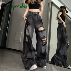 Cyflymder Women’s Distressed Design Wide Leg Hole Jeans Summer New Street Unisex Style Trousers Loose High Waist