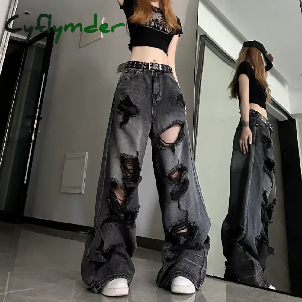 Cyflymder Women’s Distressed Design Wide Leg Hole Jeans Summer New Street Unisex Style Trousers Loose High Waist