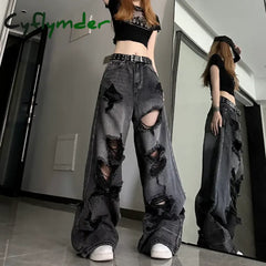 Cyflymder Women’s Distressed Design Wide Leg Hole Jeans Summer New Street Unisex Style Trousers Loose High Waist