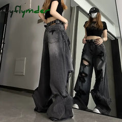 Cyflymder Women’s Distressed Design Wide Leg Hole Jeans Summer New Street Unisex Style Trousers Loose High Waist