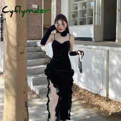 Cyflymder Women’s Elegant Dresses Spring New Solid Color Shannon Velvet Halter Flutter Dress with Sleeve Sets Women’s