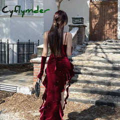 Cyflymder Women’s Elegant Dresses Spring New Solid Color Shannon Velvet Halter Flutter Dress with Sleeve Sets Women’s