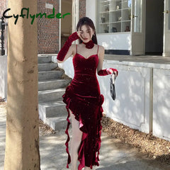 Cyflymder Women’s Elegant Dresses Spring New Solid Color Shannon Velvet Halter Flutter Dress with Sleeve Sets Women’s