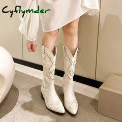 Cyflymder Women’s Embroidered Western Mid Calf Boots Cowboy Square Heels Boots Pointed Toe Platform Boots Women Western