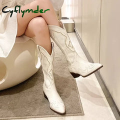 Cyflymder Women’s Embroidered Western Mid Calf Boots Cowboy Square Heels Boots Pointed Toe Platform Boots Women Western