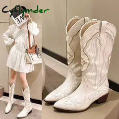 Cyflymder Women’s Embroidered Western Mid Calf Boots Cowboy Square Heels Boots Pointed Toe Platform Boots Women Western