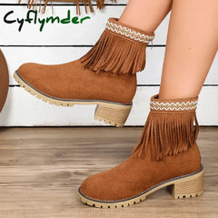 Cyflymder Womens Fashion Embroidered Ankle Boots Comfort Thick Wedge Heel Zipper Tassel Faux Suede Short Boots Cowboy