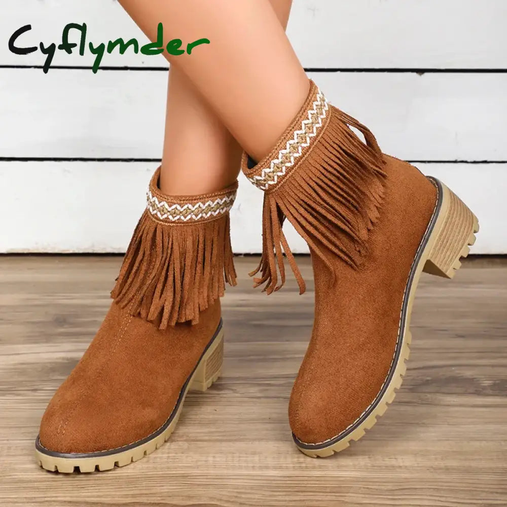 Cyflymder Womens Fashion Embroidered Ankle Boots Comfort Thick Wedge Heel Zipper Tassel Faux Suede Short Boots Cowboy