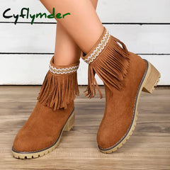 Cyflymder Womens Fashion Embroidered Ankle Boots Comfort Thick Wedge Heel Zipper Tassel Faux Suede Short Boots Cowboy