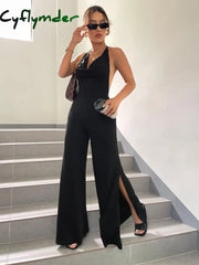 Cyflymder Women’s Fashion Halter Sexy Hollow-back Slim-fit Slit Stretch Thin Jumpsuit