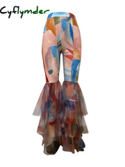 Cyflymder Women’s Fashion Slim Sexy Ruffled Mesh Patchwork Printed Pants