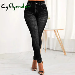 Cyflymder Women’s Faux Denim Jeans High Waist Pants Ladies Casual Stretchy Skinny Trousers