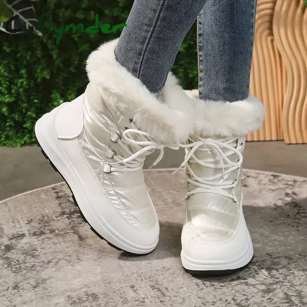 Cyflymder Women’s Faux Fur Ankle Boots Chunky Platform Waterproof Snow Boots Women Silver Thick Plush Warm Winter Boots
