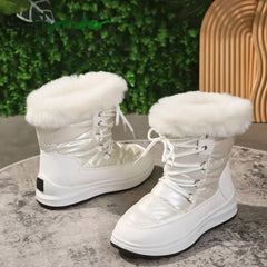 Cyflymder Women’s Faux Fur Ankle Boots Chunky Platform Waterproof Snow Boots Women Silver Thick Plush Warm Winter Boots