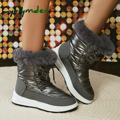 Cyflymder Women’s Faux Fur Ankle Boots Chunky Platform Waterproof Snow Boots Women Silver Thick Plush Warm Winter Boots