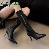 Cyflymder Womens Faux Suede Thin Heel Knee-High Boots Classic Black Zipper Point Toe Long Boots Winter Autumn Spike