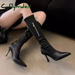 Cyflymder Womens Faux Suede Thin Heel Knee-High Boots Classic Black Zipper Point Toe Long Boots Winter Autumn Spike