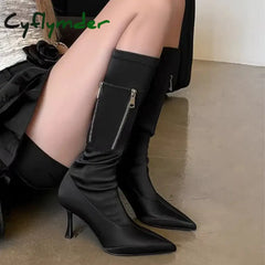 Cyflymder Womens Faux Suede Thin Heel Knee-High Boots Classic Black Zipper Point Toe Long Boots Winter Autumn Spike