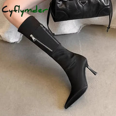 Cyflymder Womens Faux Suede Thin Heel Knee-High Boots Classic Black Zipper Point Toe Long Boots Winter Autumn Spike