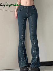 Cyflymder Women’s Flared Denim Pants 90S Vintage High Street Hot Girl Rivet Trumpet Y2K Waist