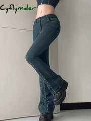 Cyflymder Women’s Flared Denim Pants 90S Vintage High Street Hot Girl Rivet Trumpet Y2K Waist