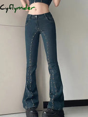 Cyflymder Women’s Flared Denim Pants 90S Vintage High Street Hot Girl Rivet Trumpet Y2K Waist