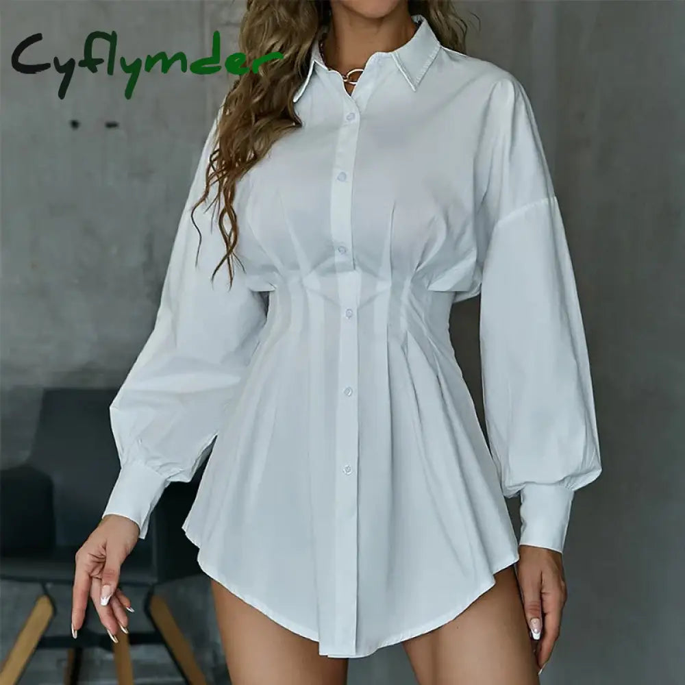 Cyflymder Women’s French Style Design Long-sleeved Turn-down Collar Slimming Single-breasted Temperament High Waist