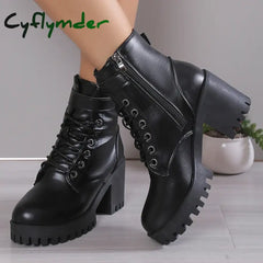 Cyflymder Women’s High Heels Ankle Boots For Black Pu Leather Platform Short Woman Side Zipper
