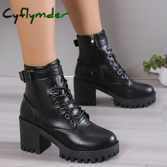 Cyflymder Women’s High Heels Ankle Boots For Black Pu Leather Platform Short Woman Side Zipper