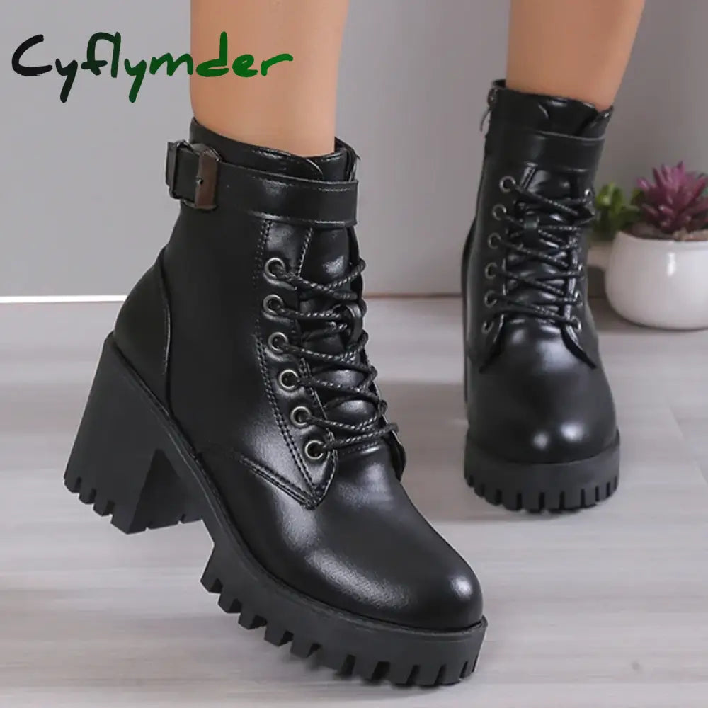 Women's High Heels Ankle Boots for Black PU Leather Platform Short Boots Woman Side Zipper Thick Heeled Punk Botas De Mujer