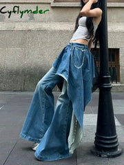 Cyflymder Women’s Irregular Splicing Fake Two Flared Jeans Casual Streetwear High Waist Cowboy Trouser Female Wide-leg