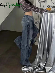 Cyflymder Women’s Knee Hole Design Dirty Blue Jeans Summer Cool Girl Wide-leg Denim Trousers Vintage Bottoms Female