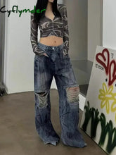 Cyflymder Women’s Knee Hole Design Dirty Blue Jeans Summer Cool Girl Wide-leg Denim Trousers Vintage Bottoms Female