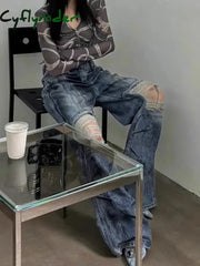 Cyflymder Women’s Knee Hole Design Dirty Blue Jeans Summer Cool Girl Wide-leg Denim Trousers Vintage Bottoms Female