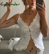 Cyflymder Women’s Lace Hollow Out Sleeveless Cropped Tops Elegant White Camis Top Single Breasted