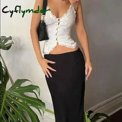 Cyflymder Women’s Lace Hollow Out Sleeveless Cropped Tops Elegant White Camis Top Single Breasted