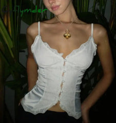 Cyflymder Women’s Lace Hollow Out Sleeveless Cropped Tops Elegant White Camis Top Single Breasted