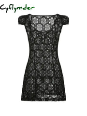 Cyflymder Womens Lace Mini Dress Y2K Spaghetti Strap Backless Sundress A-Line Party Short Dresses