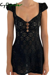 Cyflymder Womens Lace Mini Dress Y2K Spaghetti Strap Backless Sundress A-Line Party Short Dresses