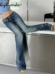 Cyflymder Women’s Low Waisted Micro Flared Narrow Jeans Summer New Casual Slim Retro Blue Denim Pants Female Sexy