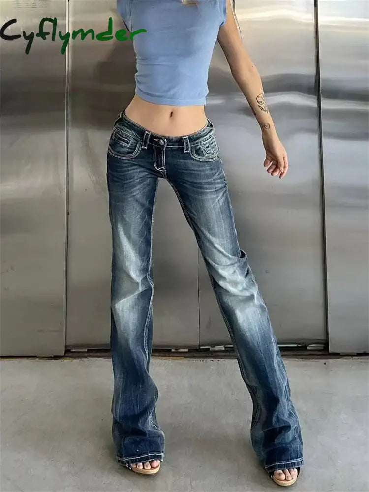 Cyflymder Women’s Low Waisted Micro Flared Narrow Jeans Summer New Casual Slim Retro Blue Denim Pants Female Sexy