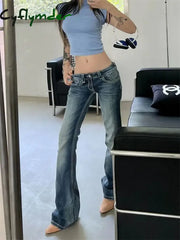 Cyflymder Women’s Low Waisted Micro Flared Narrow Jeans Summer New Casual Slim Retro Blue Denim Pants Female Sexy
