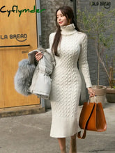 Cyflymder Women’s New Knitted Turtleneck Long Sleeve Slim And Mid-Length Over-The-Knee Dress In