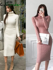 Cyflymder Women’s New Knitted Turtleneck Long Sleeve Slim And Mid-Length Over-The-Knee Dress In