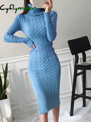 Cyflymder Women’s New Knitted Turtleneck Long Sleeve Slim And Mid-Length Over-The-Knee Dress In