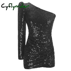 Cyflymder Women’s One Shoulder Dress Shiny Sequined Formal Evening Dress Fashion Sexy V-Neck Bodycon Cocktail Party