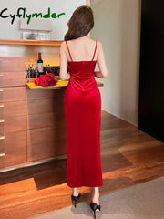 Cyflymder Women’s Red Sexy Halter Backless Dress Beaded Velvet Bottom Dress Side Slit Long Dresses