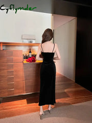 Cyflymder Women’s Red Sexy Halter Backless Dress Beaded Velvet Bottom Dress Side Slit Long Dresses