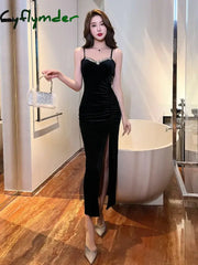 Cyflymder Women’s Red Sexy Halter Backless Dress Beaded Velvet Bottom Dress Side Slit Long Dresses black / S